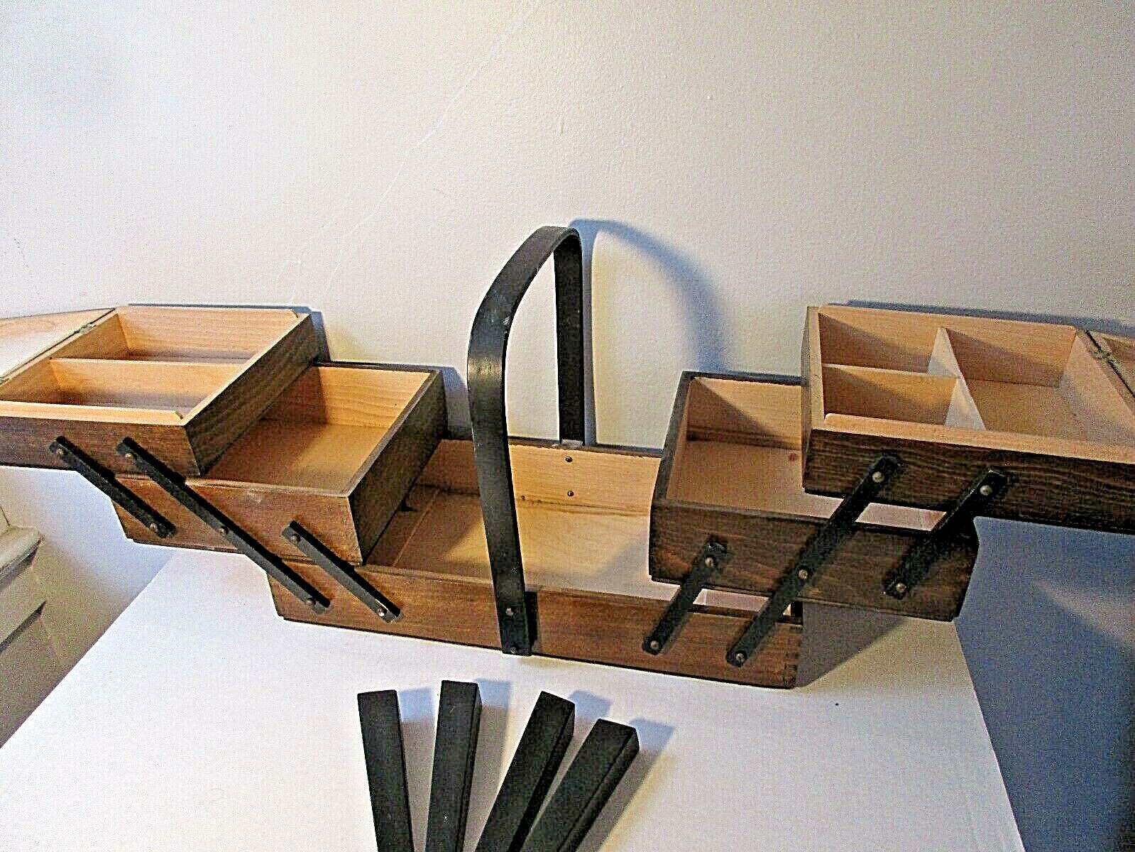 Vintage Wood Scissor Accordian Folding Strommen Bruk Hamar Style Sewing Box