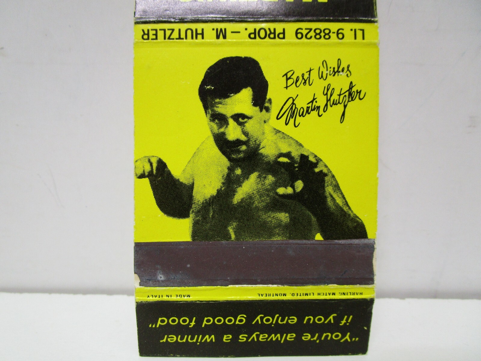 Martin Hutzler's Sportstown Restaurant, Hamilton, Pro Wrestler Matchbook Cover