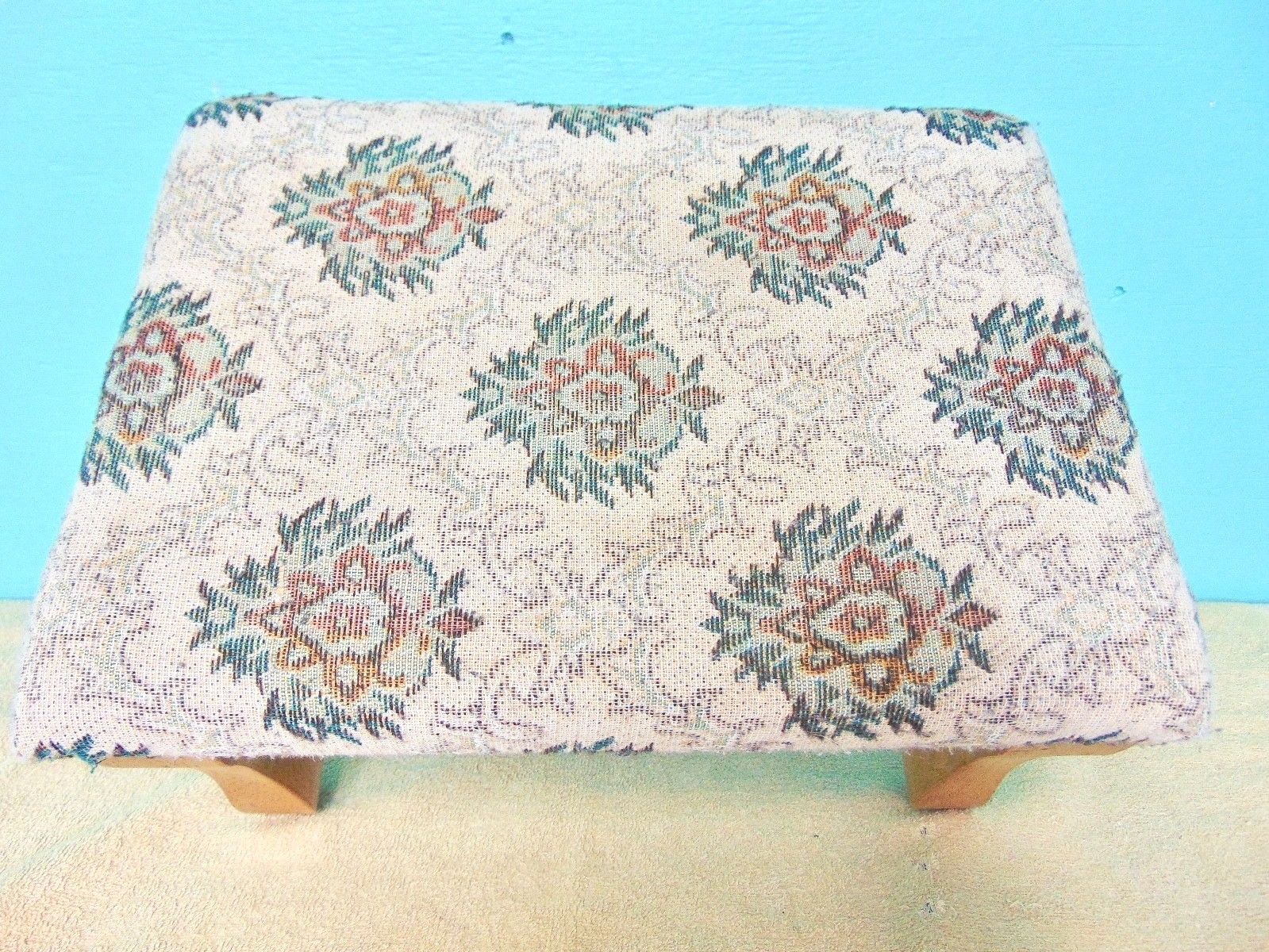 Footstool Wood Frame Light Oak finish cloth cover padded colorful colors storage