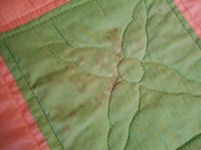 ANTIQUE VINTAGE PINK & GREEN QUILT W/  EMBROIDERED FLOWERS ( W/ PROVENANCE)