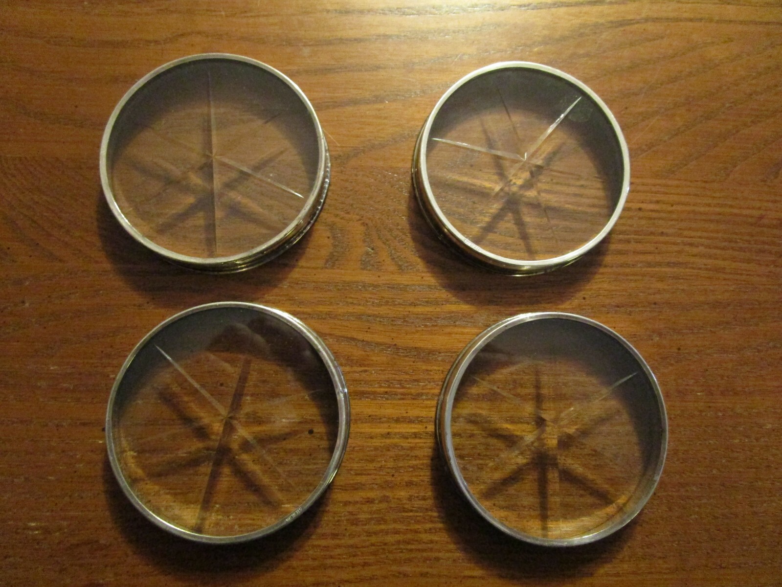 Set of 4 Sterling Silver Coasters with Etched Glass - Star Design