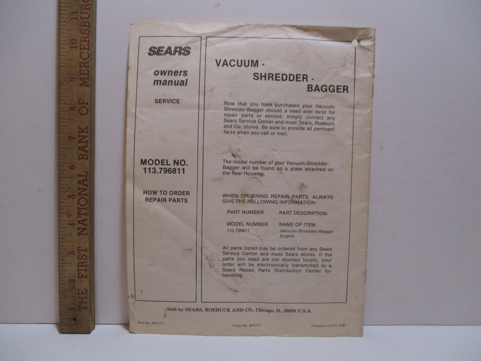 Sears Craftsman Model No. 113.796811 Vacuum Shredder Bagger Owners Manual