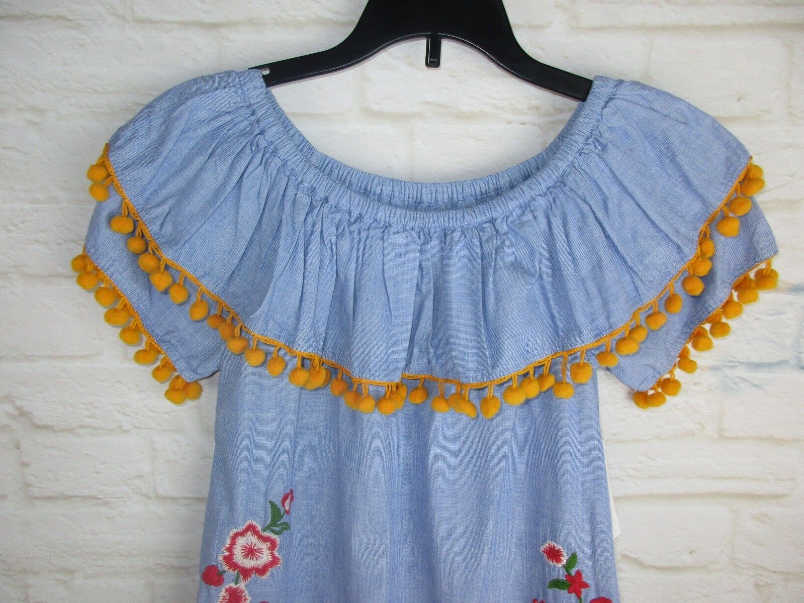 Crown & Ivy Girls Blue Mustard Yellow Ball Fringe Embroidered BOHO Off Shoulder