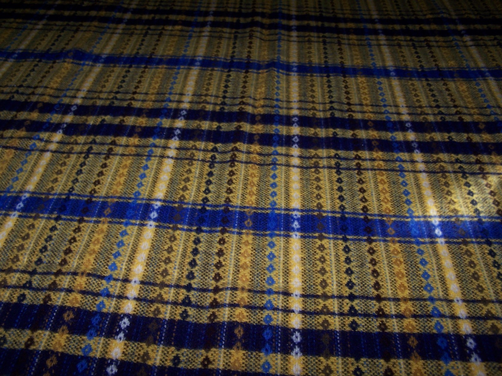 Vintage Wool Plaid Diamond Design Blanket Throw Royal Navy Gold White 54