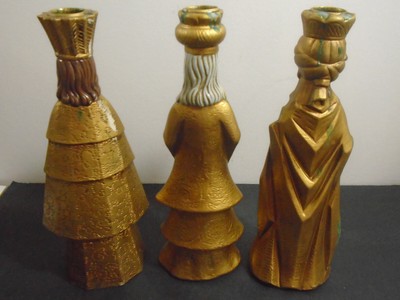 VINTAGE JAPANESE GOLD TONE 3 WISE MEN CANDLE HOLDER SET LOT OF 3
