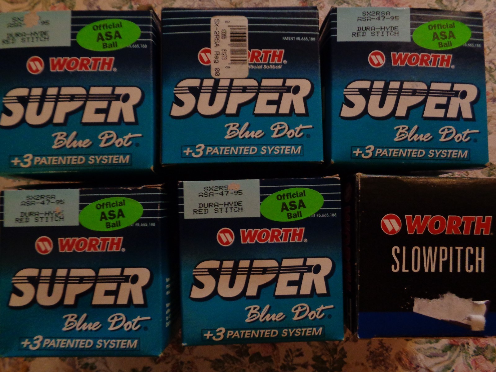 lot of 6 ASA softballs 1 slowpitch , 5 Super blue dot ASA 47-95 all in box