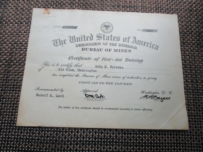 U.S. BUREAU OF MINES - Certificate - First-Aid Training - Cle Elum, Wa. - 1947