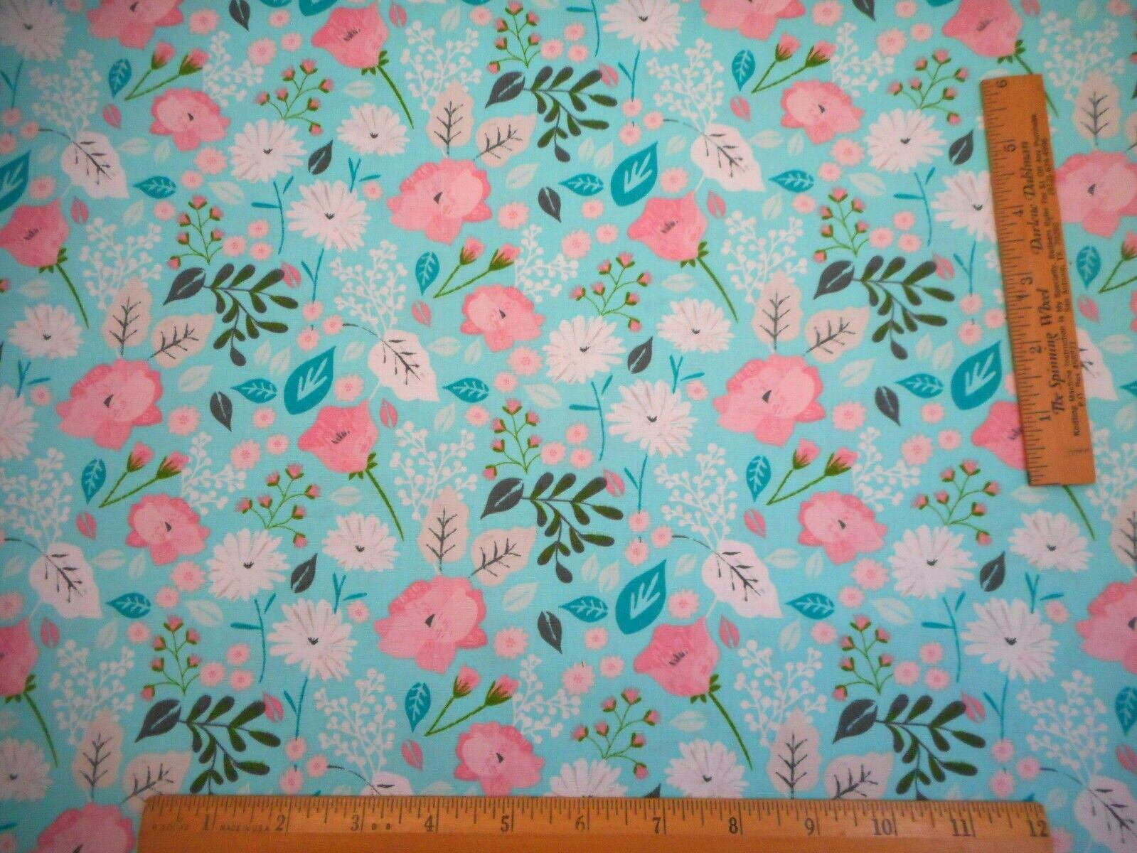 Quilt Fabric By Half-Yard Pink White Floral Flowers on Turquoise Blue Cotton #B