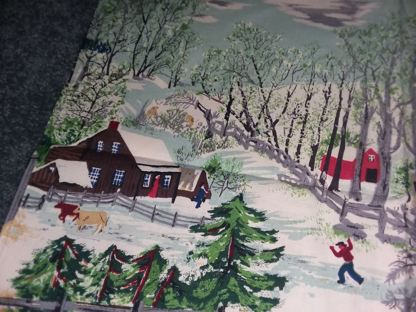 GRANDMA MOSES Early Springtime on the Farm Barkcloth FABRIC 16.5 x 46