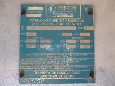 CROUSE HINDS WSR63542, ARKTITE RECEPTACLE W/ ENCLOSED SWITCH- PS101