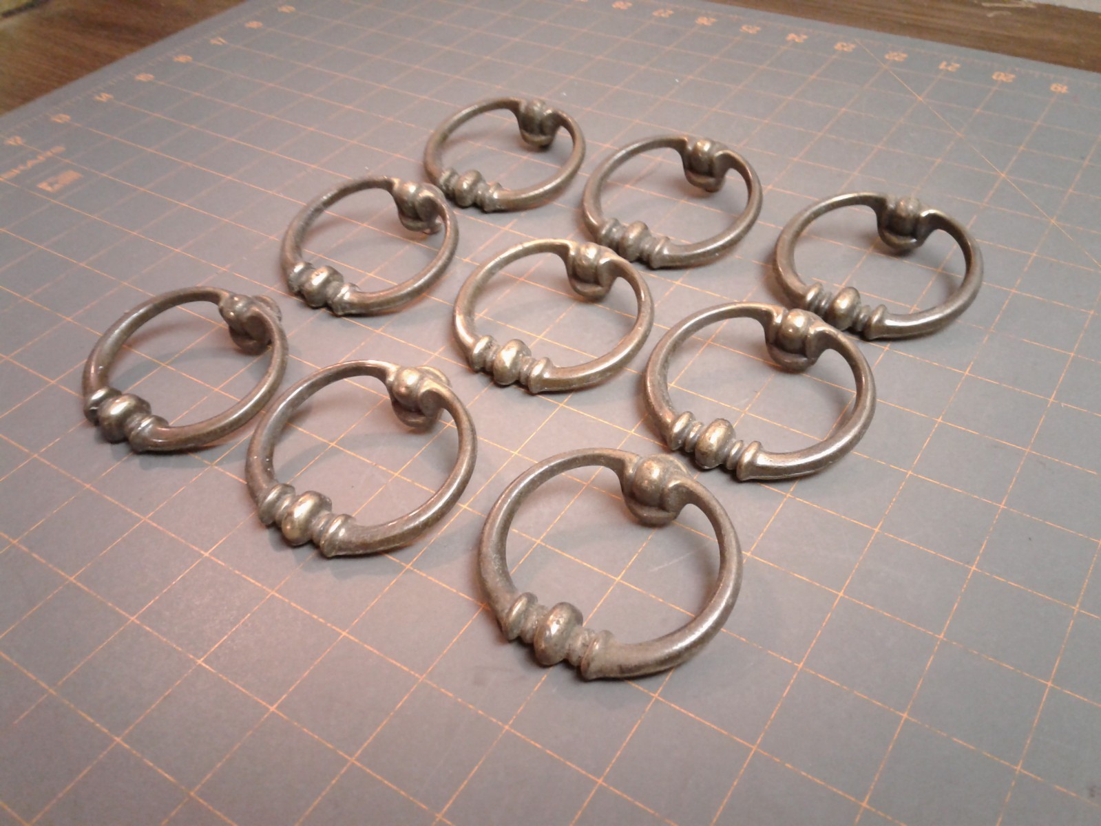 9 Dresser Drawer Drop Ring PULLS Brass Plated w/ Mount Screws MCM