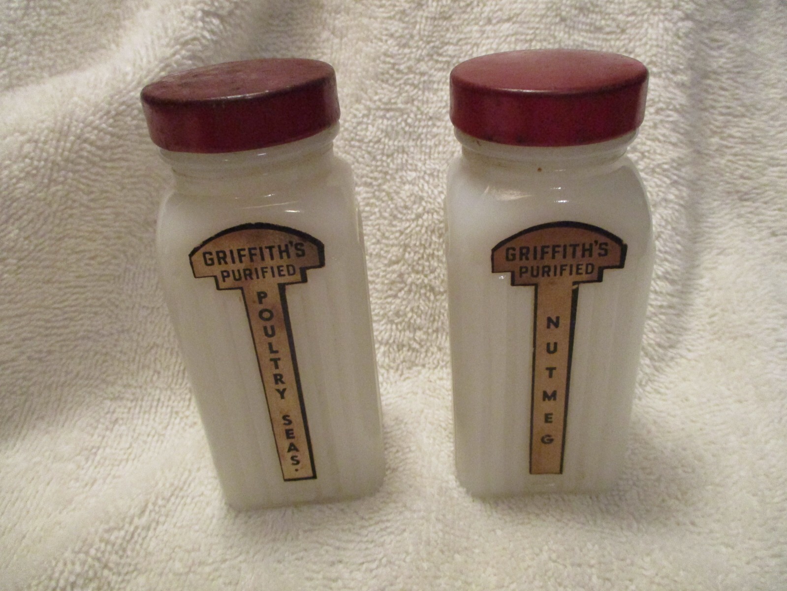 2) Vintage Griffith's Purified White Milk Glass Spice Jars w