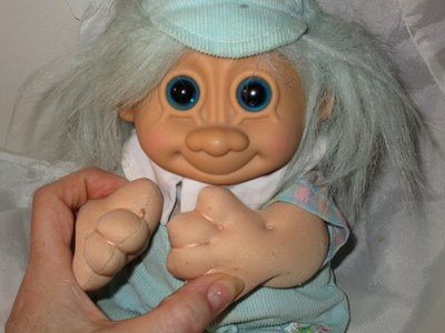 12 inch Plush Troll Boy Doll light green hair trolls blue eyes overalls Russ guc