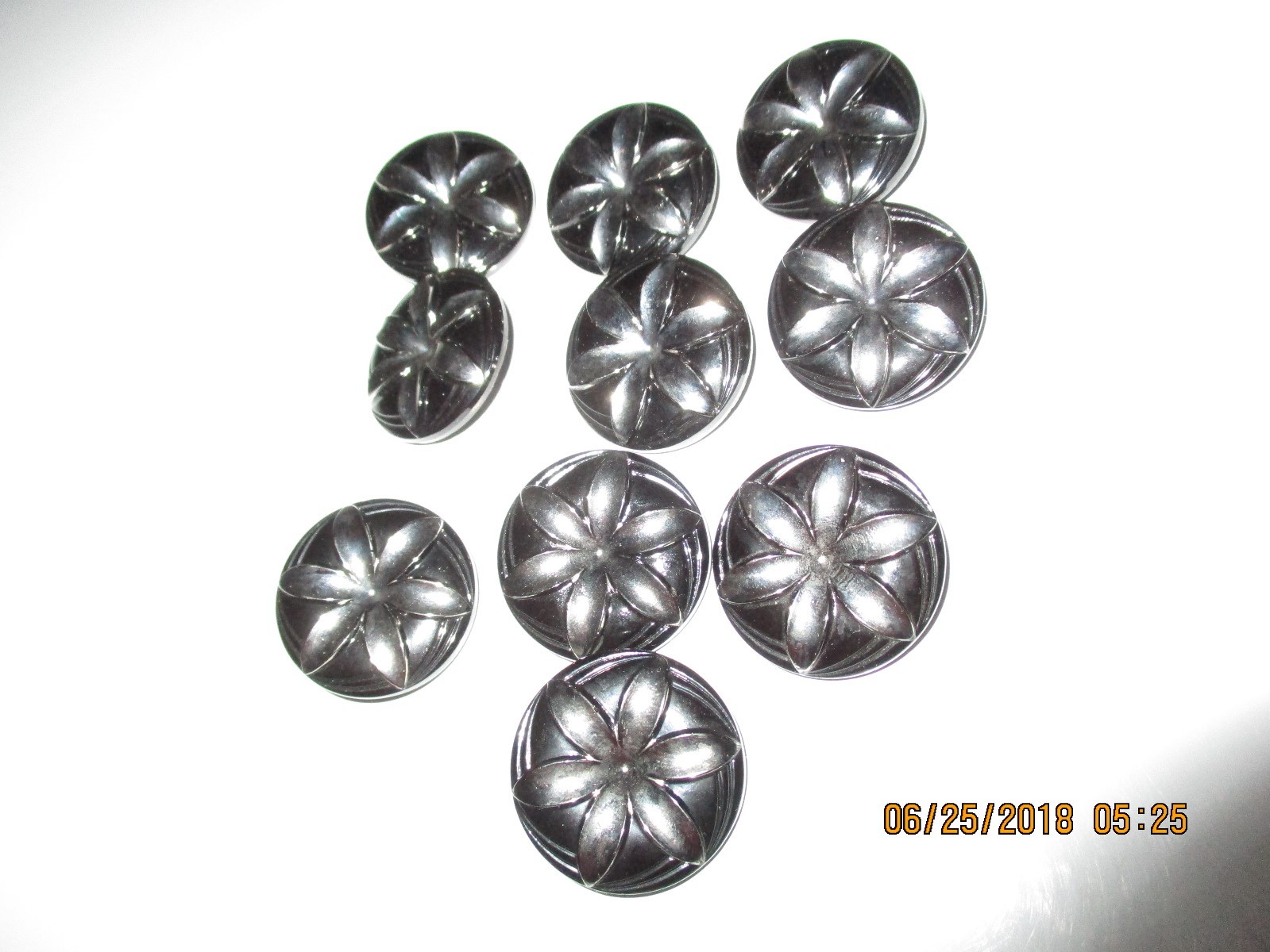 Antique Black  Button with Silver  Flower.