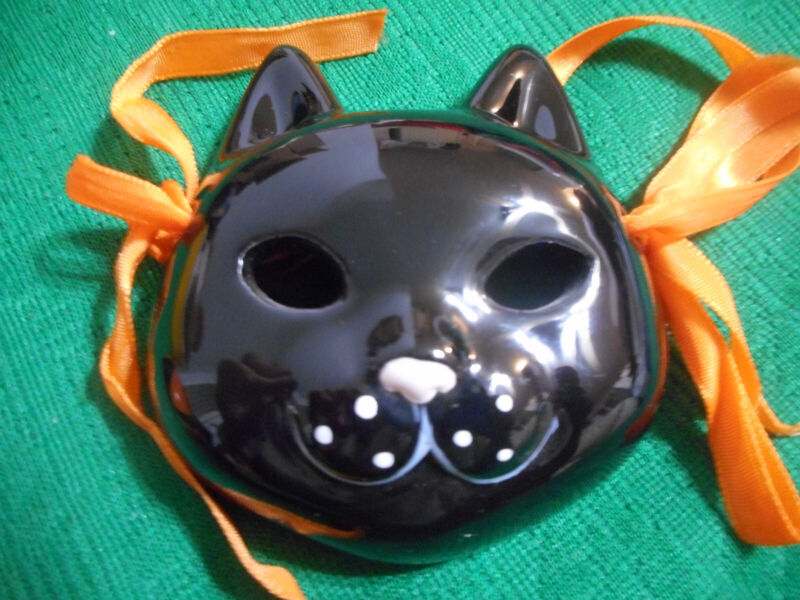Vintage Black Cat Face Mask Wall Hanging Art Ceramic Glazed