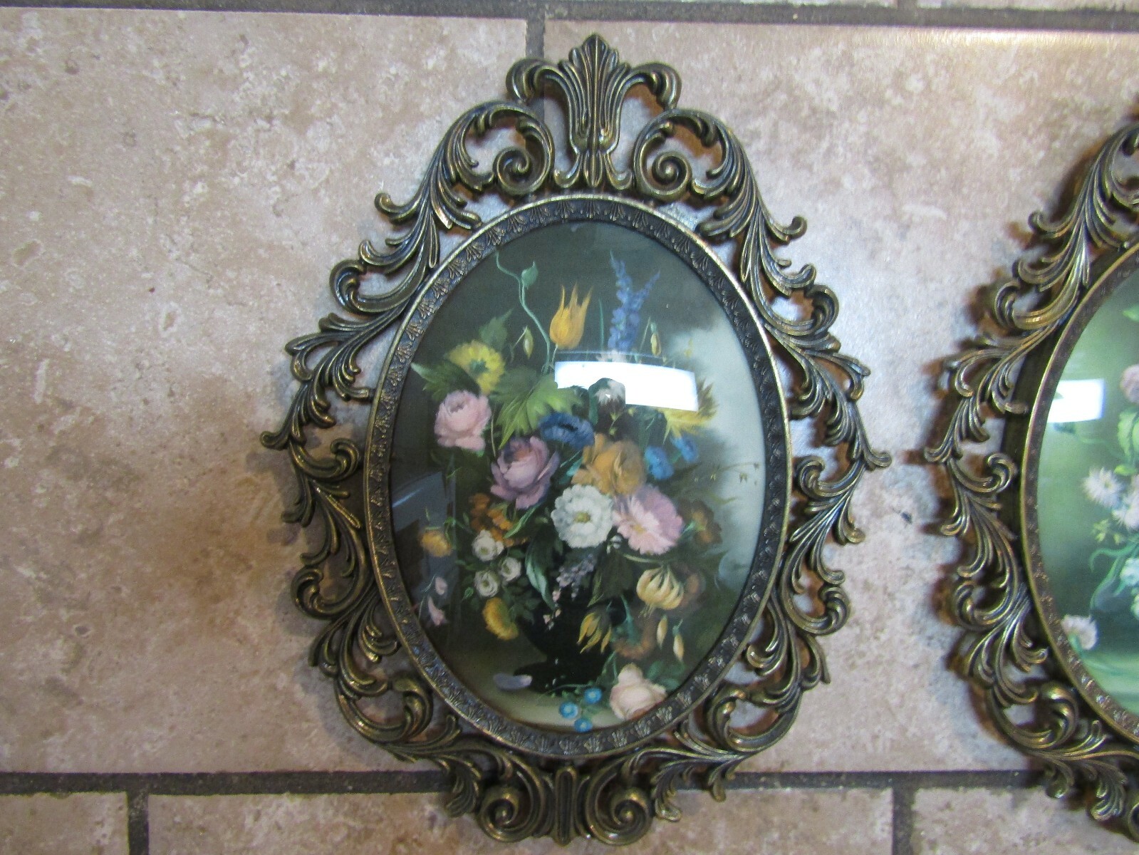 Vintage Pair of Large Ornate Metal Frame Pictures Oval Convex Bubble Glass Italy