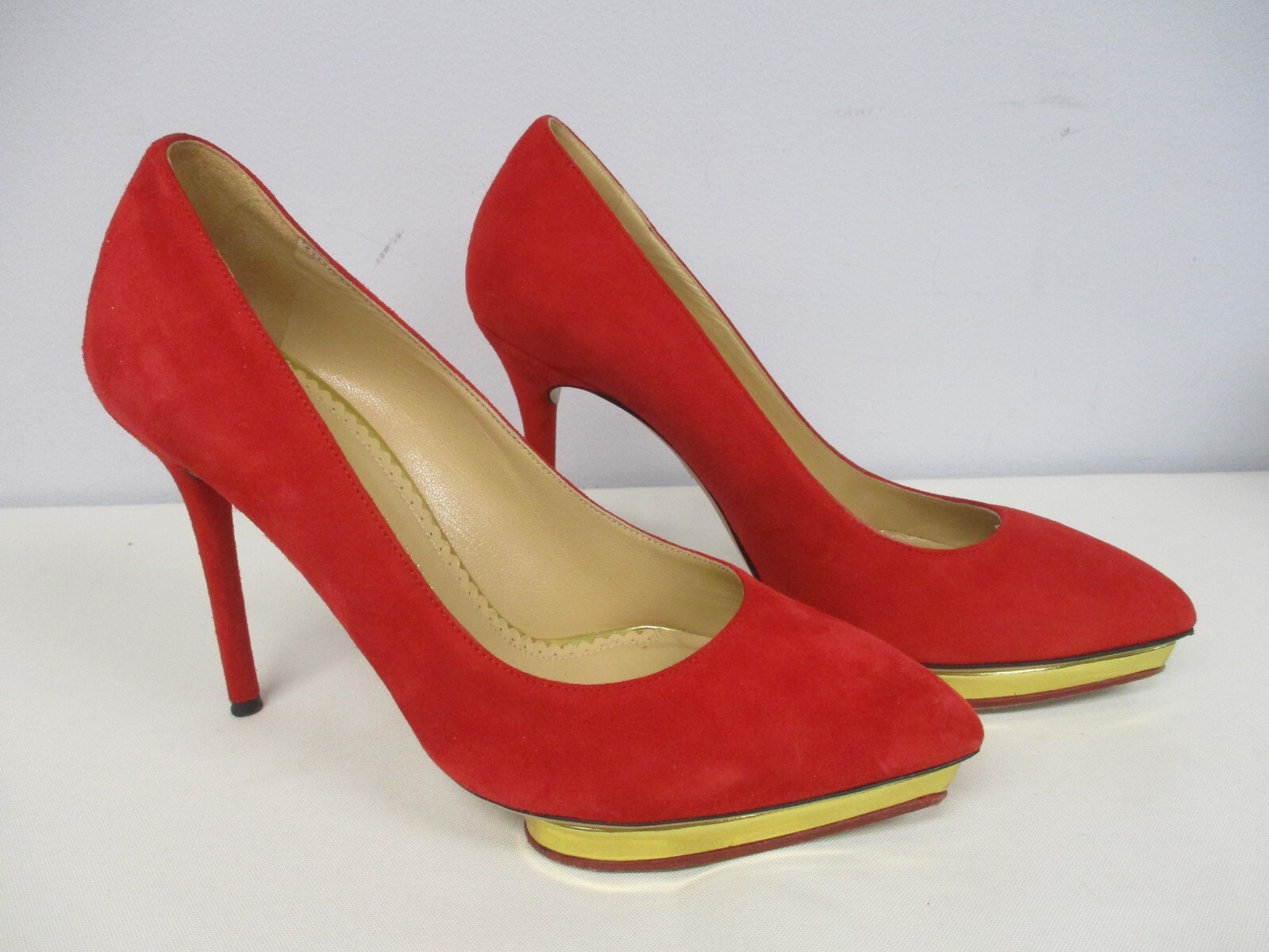 CHARLOTTE OLYMPIA RED SUEDE w GOLD HEART SOLE SPIKE HIGH CHARLOTTE OLYMPIA RED SUEDE w GOLD HEART SOLE SPIKE HIGH