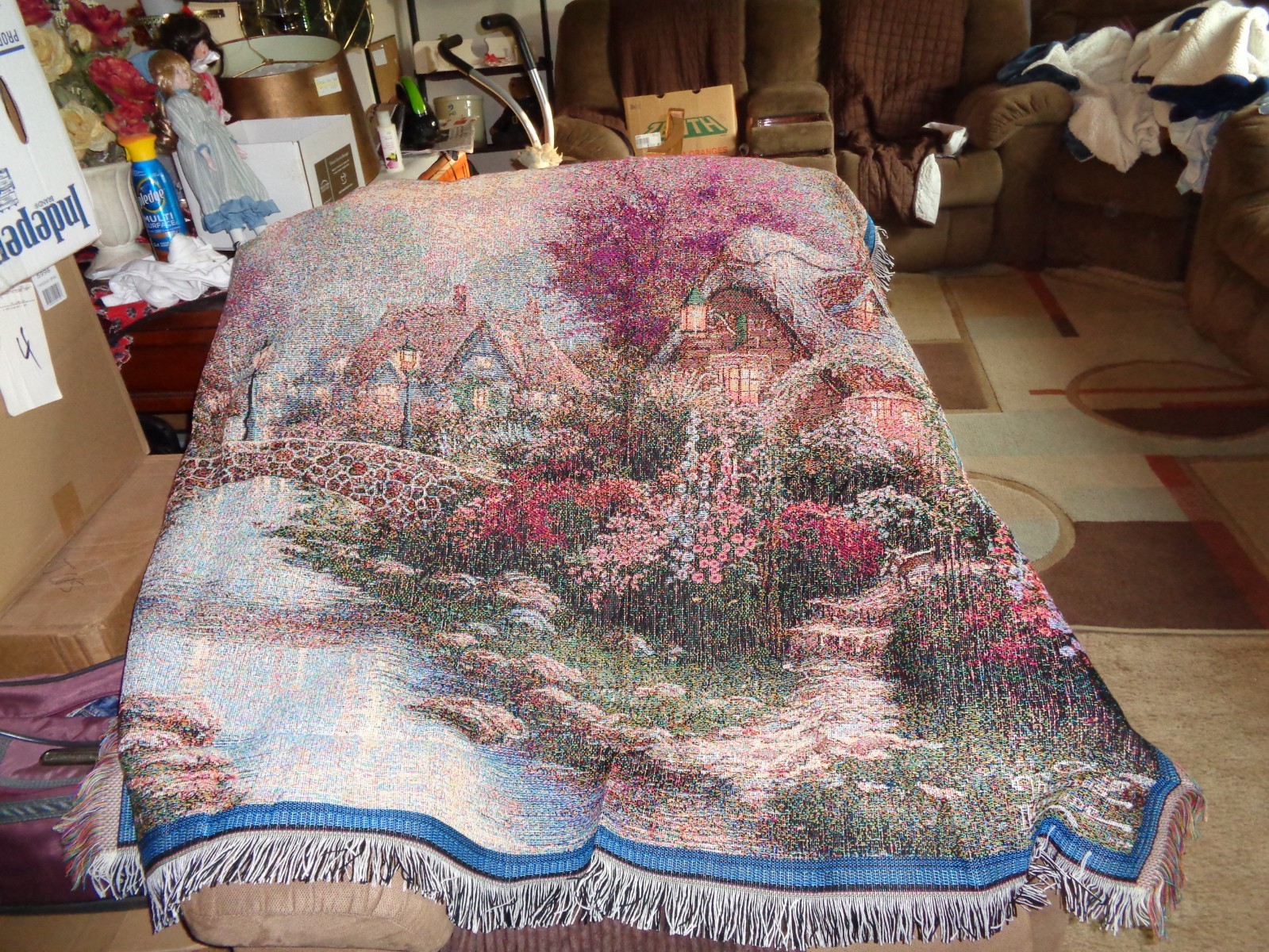 Thomas Kinkade Lamplight Bridge Afghan Woven Throw Blanket Tapestry 50