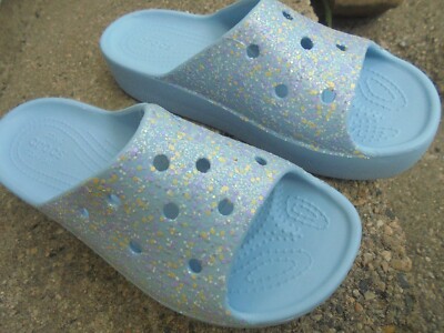 New Crocs Classic Platform Glitter Slide Women's 7 Blue Calcite/Multi