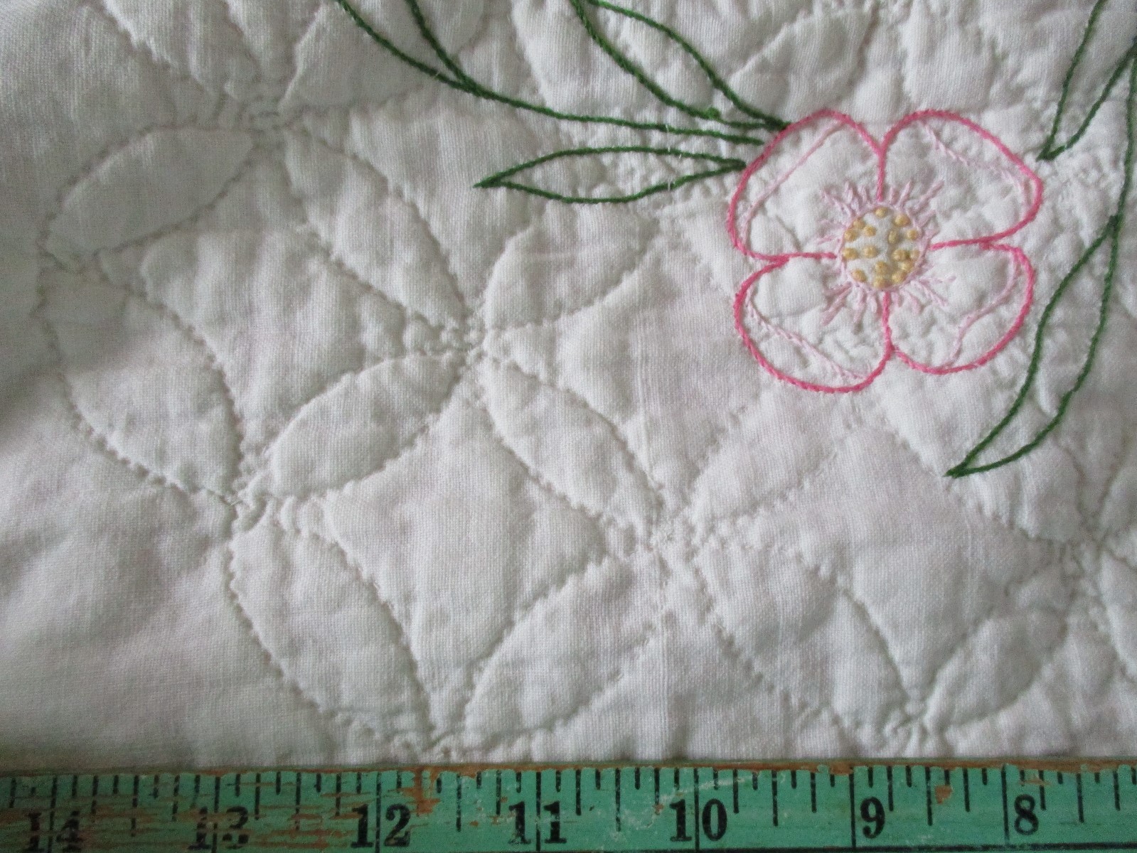 Vintage Pink Embroidery Flowers Depression Era Hand Quilted Cotton 1930s Quilt