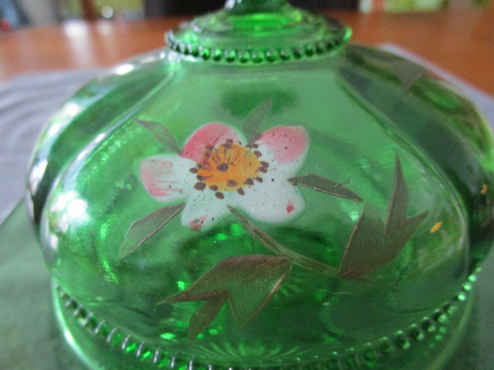 ANTIQUE TARENTUM EMERALD GREEN GEORGIA GEM HAND PAINTED FLOWERS BUTTER DISH