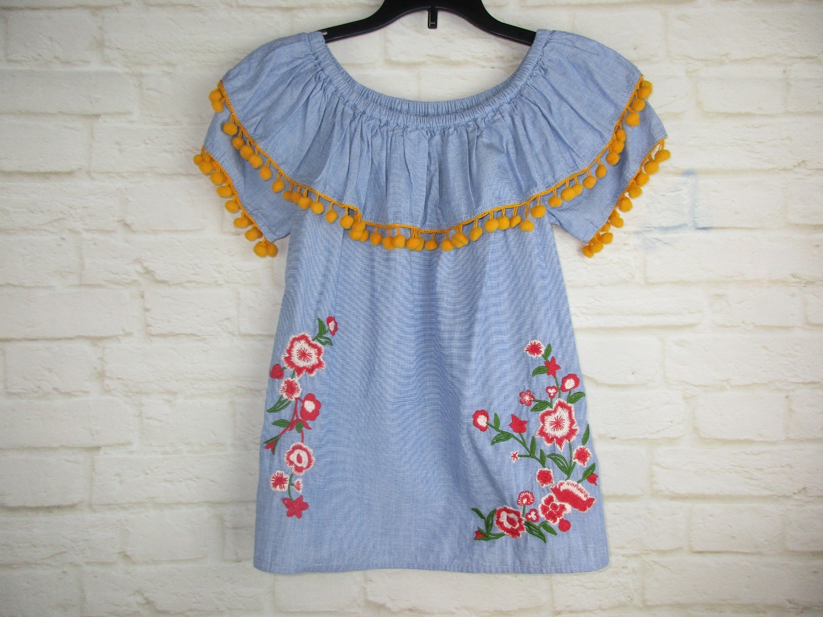 Crown & Ivy Girls Blue Mustard Yellow Ball Fringe Embroidered BOHO Off Shoulder