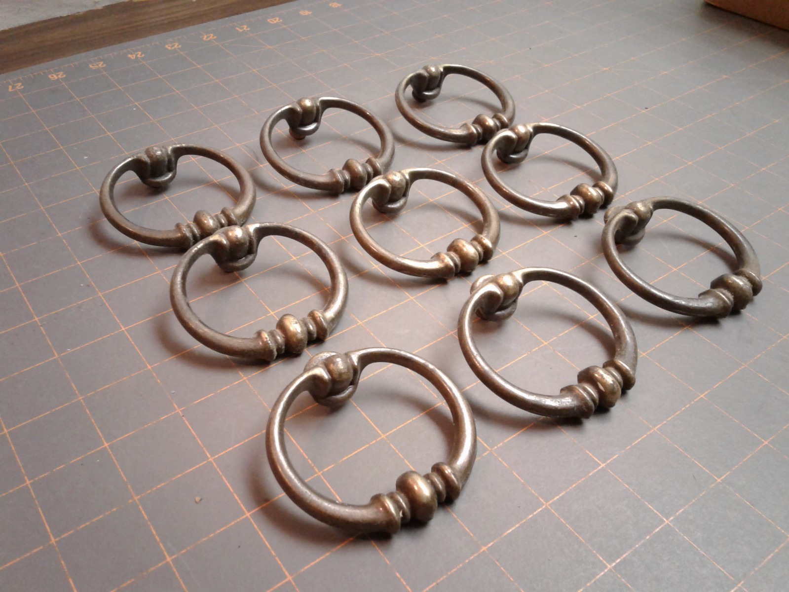 9 Dresser Drawer Drop Ring PULLS Brass Plated w/ Mount Screws MCM