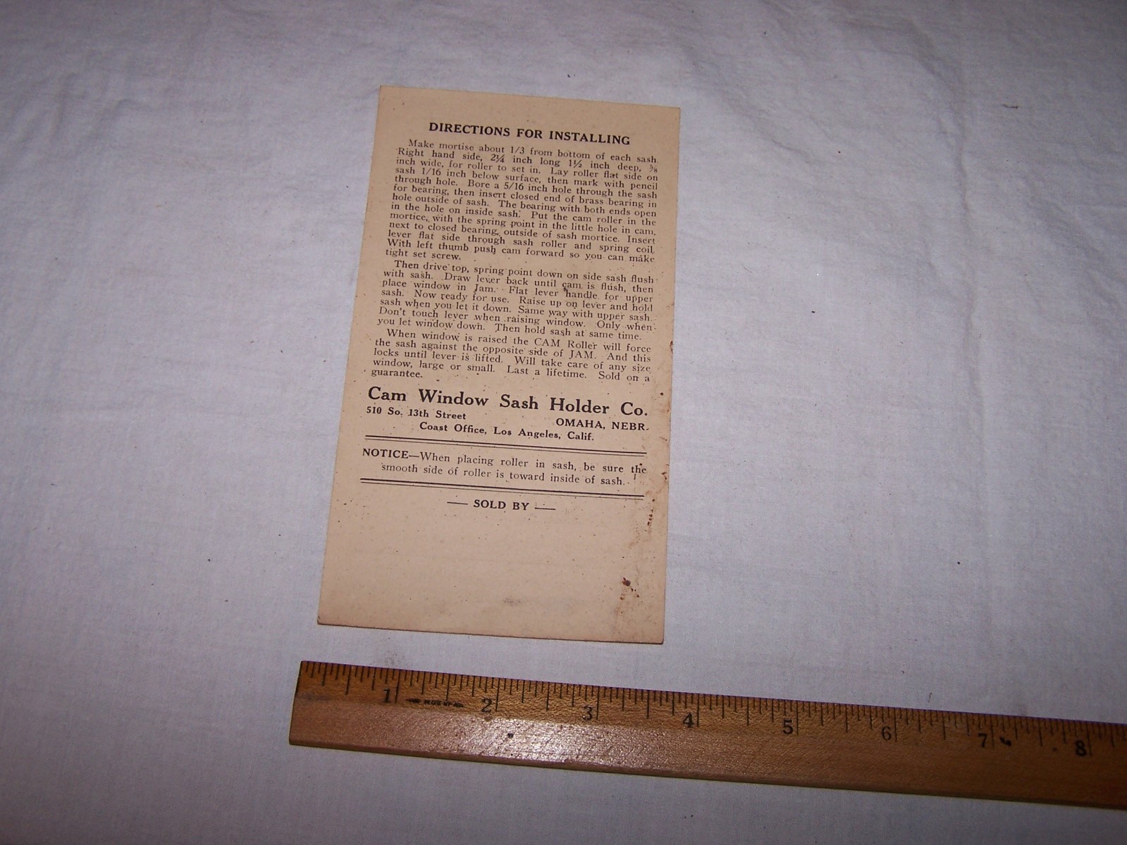 Antique THE CAM WINDOW SASH HOLDER COMPANY Advertising Paper OMAHA NEBRASKA