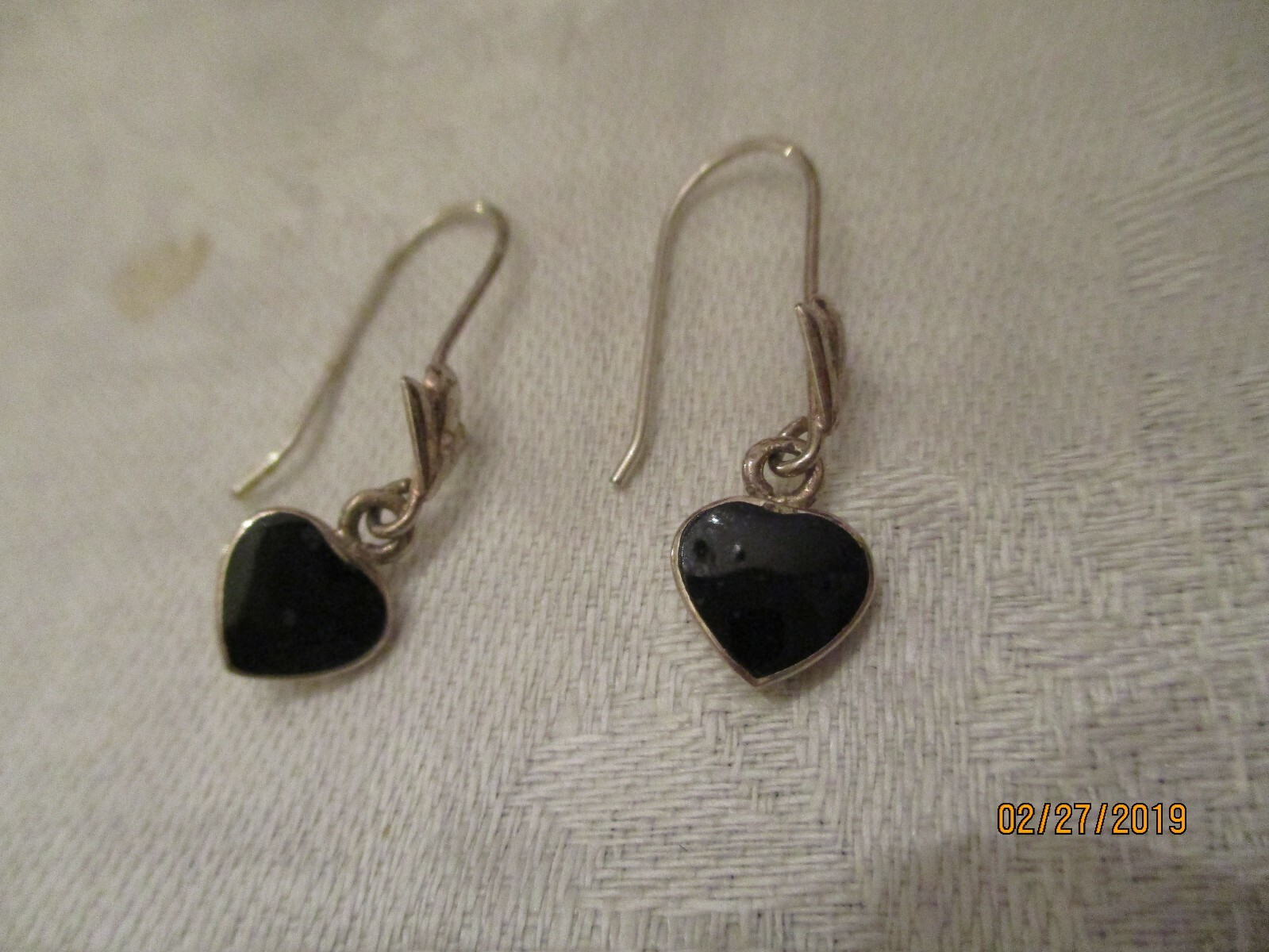 Vintage sterling silver black onyx heart dangle earrings
