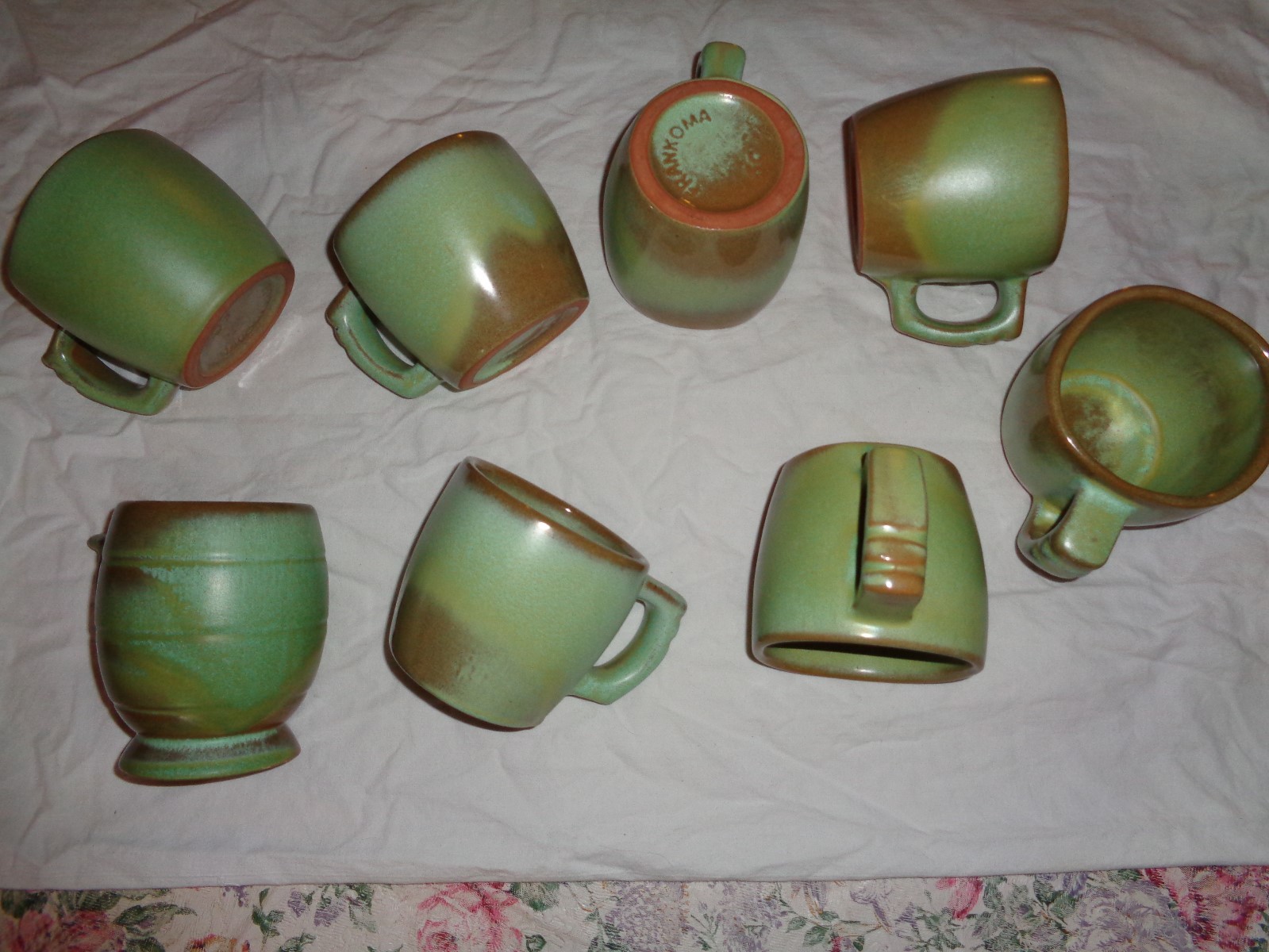 Frankoma Green LOT OF 7 Small Coffee Mugs #5C and 1 c7 mug