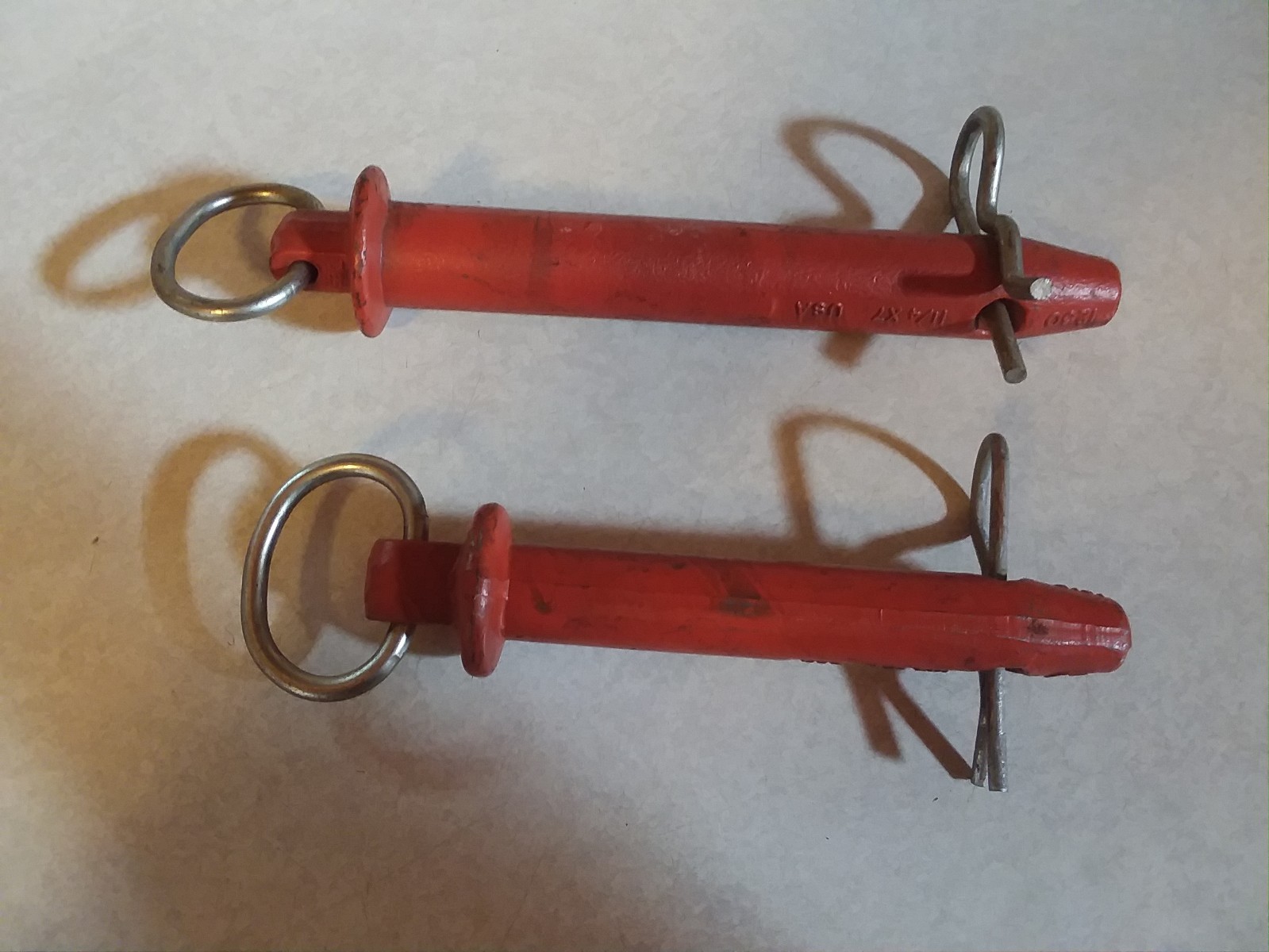 2 FARM TRACTOR WAGON TRAILER RECIEVER PINS R CLIP 1X4 3/4, 1 1/4 x 7 VTG?