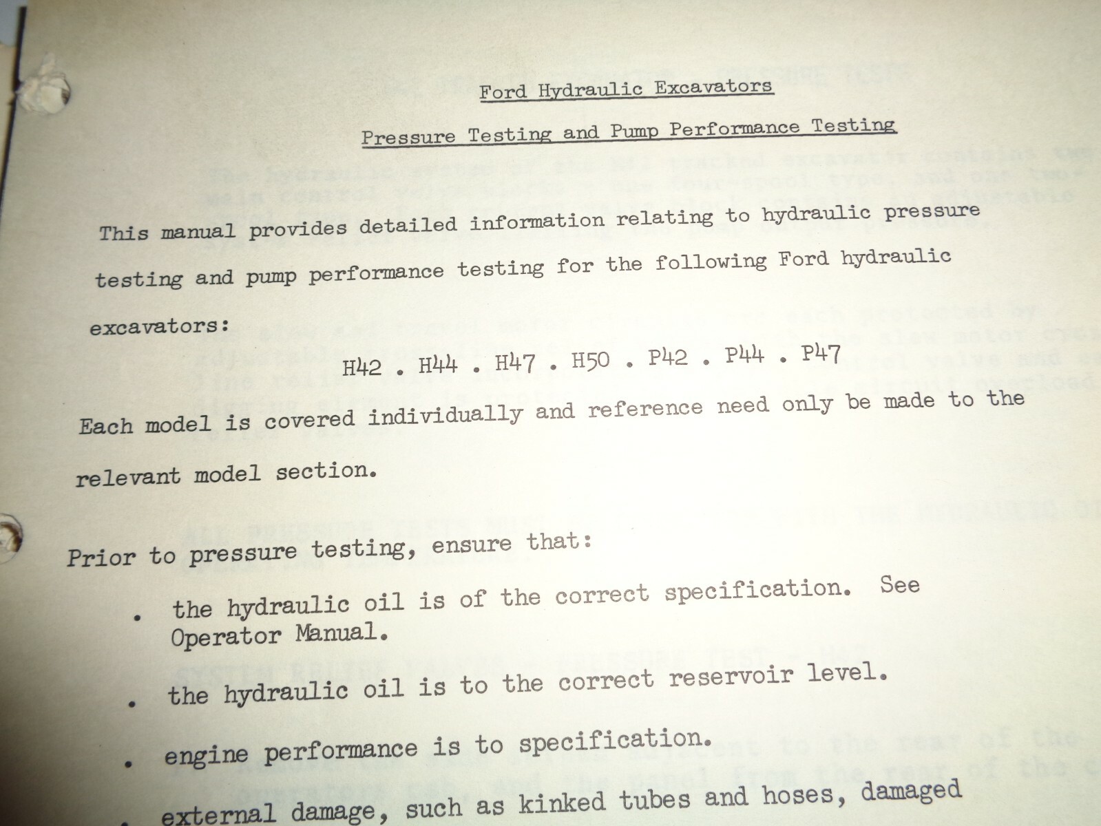 Ford Excavator Hydraulic Testing Procedure Manual Original! H42 thru P47 H44 H50