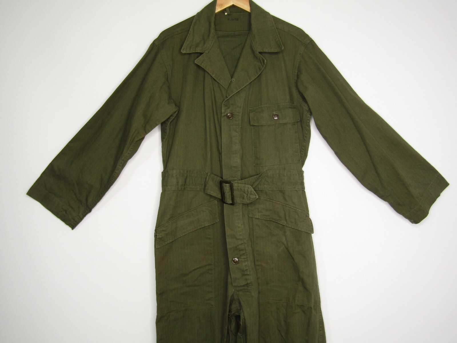 Vintage Korean War Green Herringbone Twill Belted Coverall