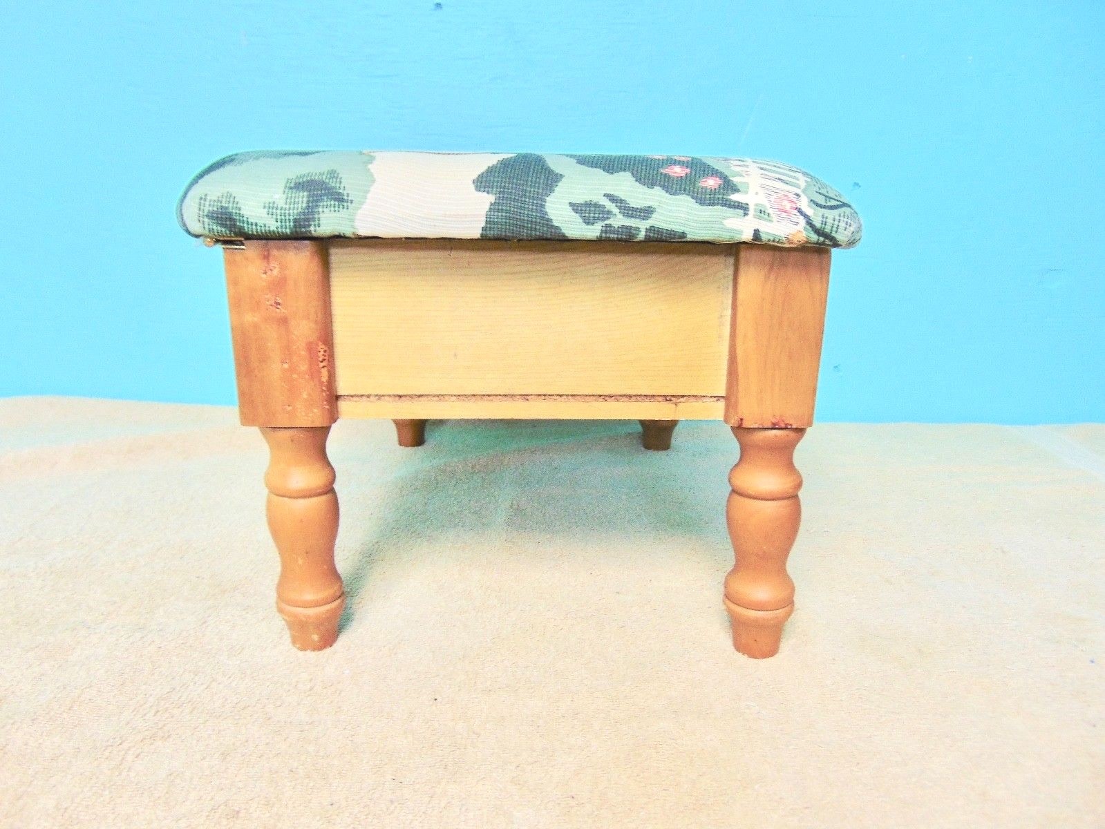 Footstool Wood Frame Oak finish cloth cover padded colorful colors storage