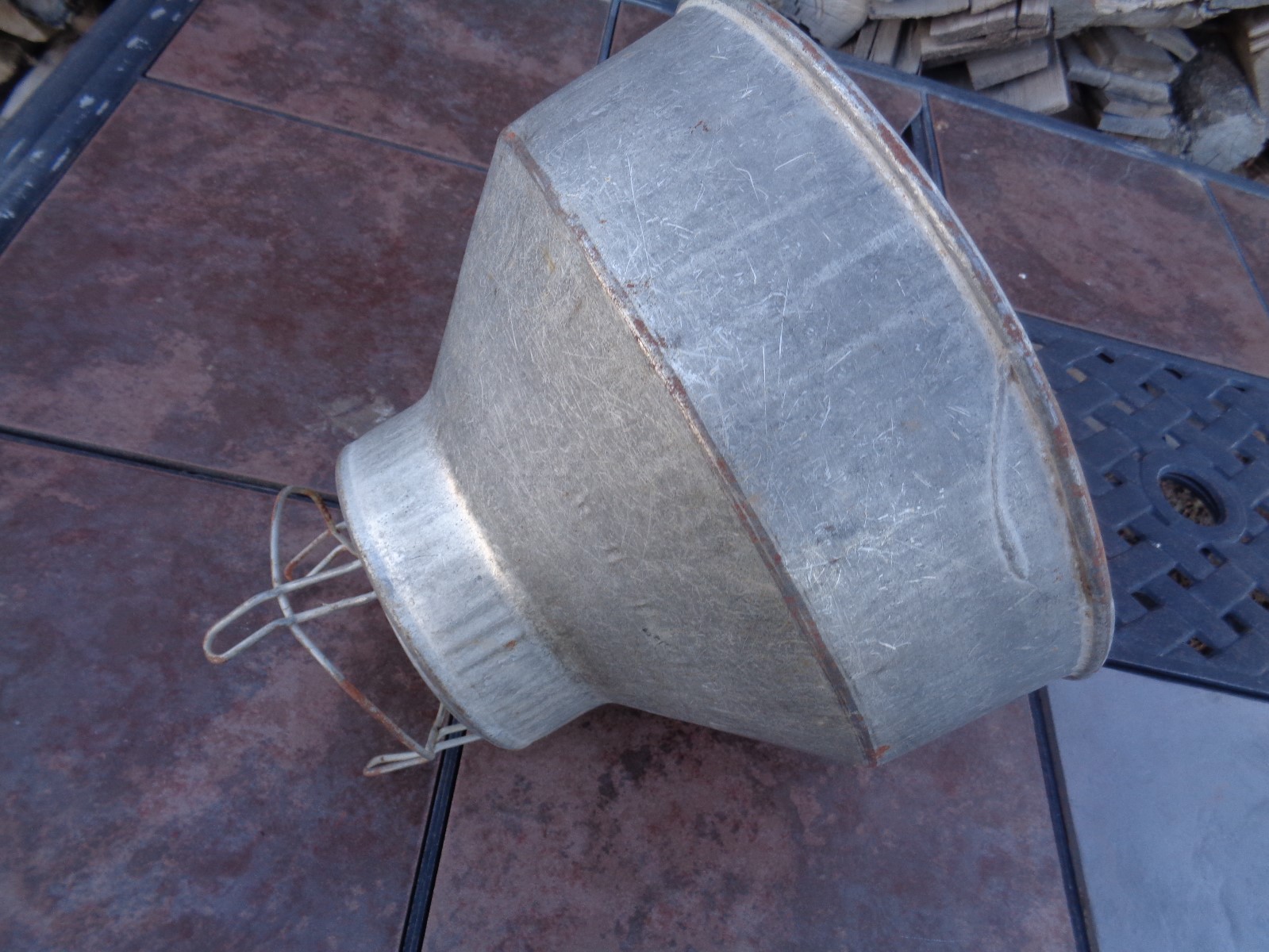 VINTAGE GALVANIZED STEEL MILK CAN FUNNEL STRAINER STEAMPUNK LAMP SHADE REPURPOSE