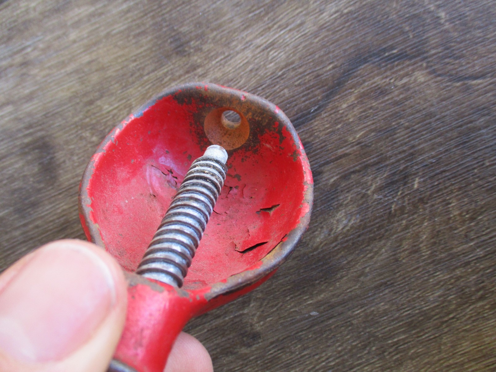 Unusual - Antique Screw Motion Nut Cracker - Great Patina Rare!  VINTAGE RED