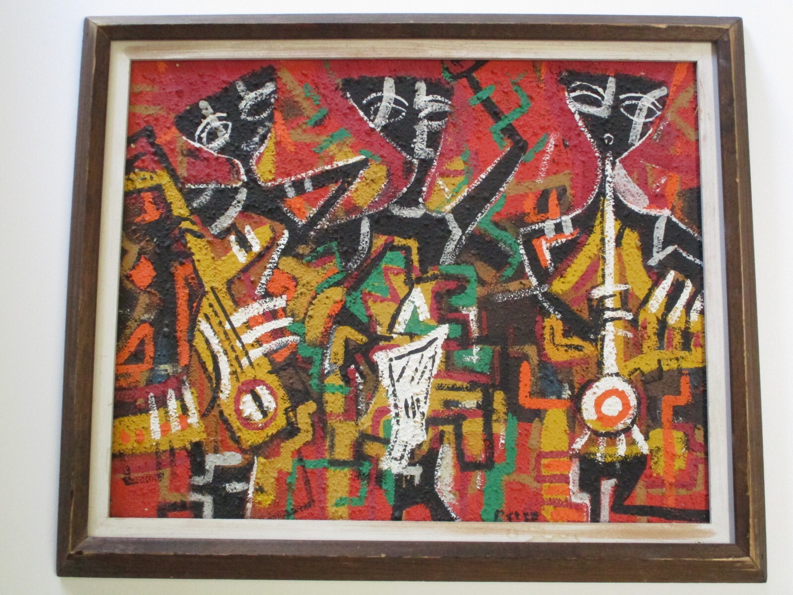 MID CENTURY OIL PAINTING ABSTRACT CUBIST CUBISM MUSICIAN BAND JAZZ MODERNISM