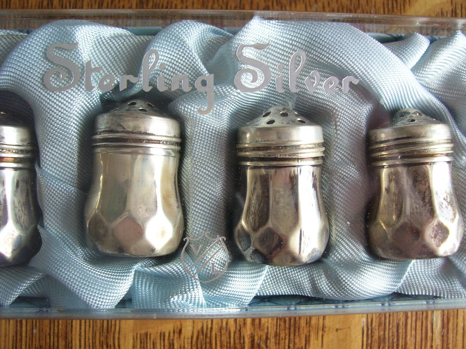 Vintage V / L Sterling Mini Salt Shakers Set In Original Box Marked MINT!!