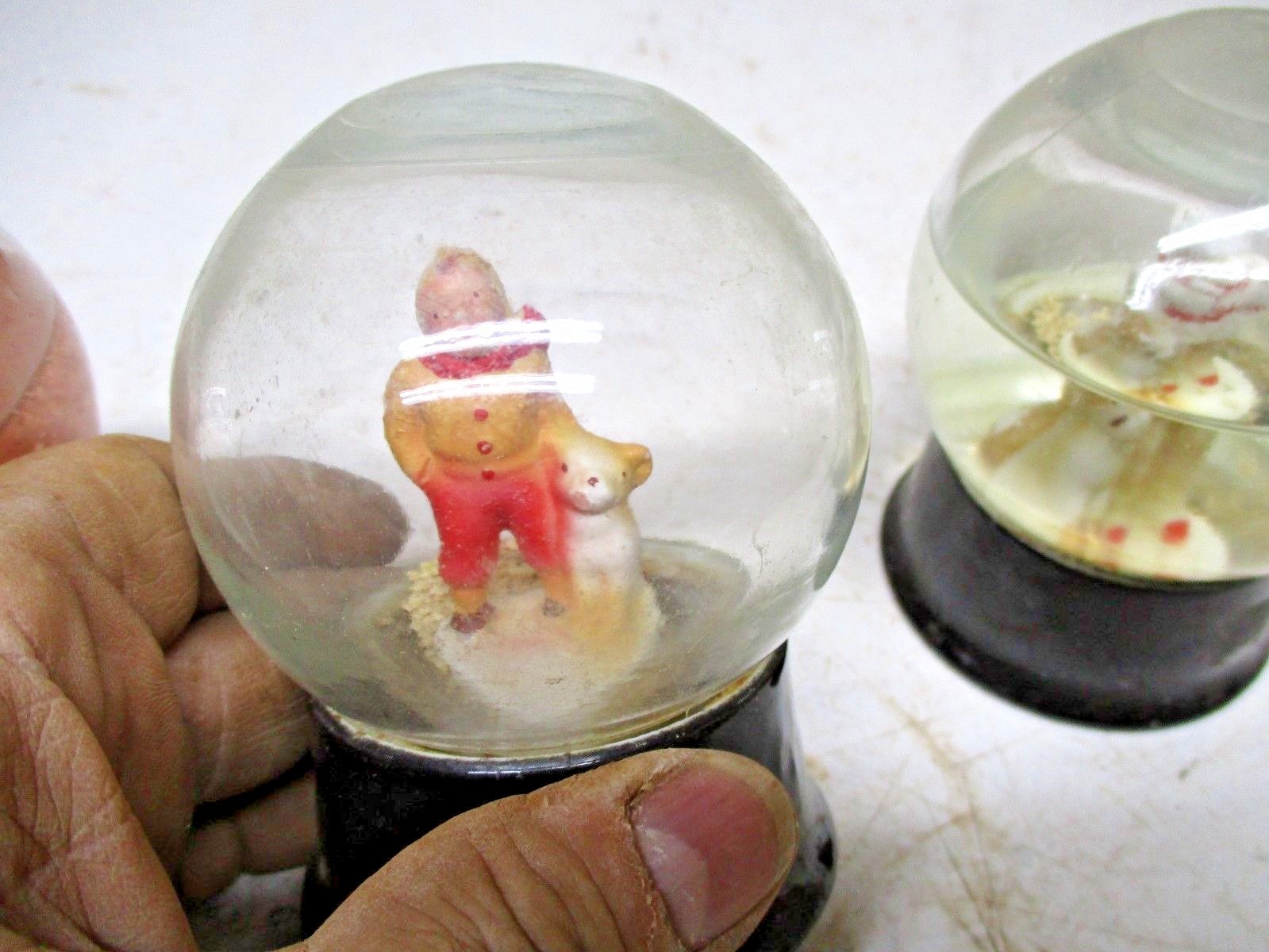 3 Old Heavy Glass & Porcelain Base Snow Globes Snowdomes Boy with Dog
