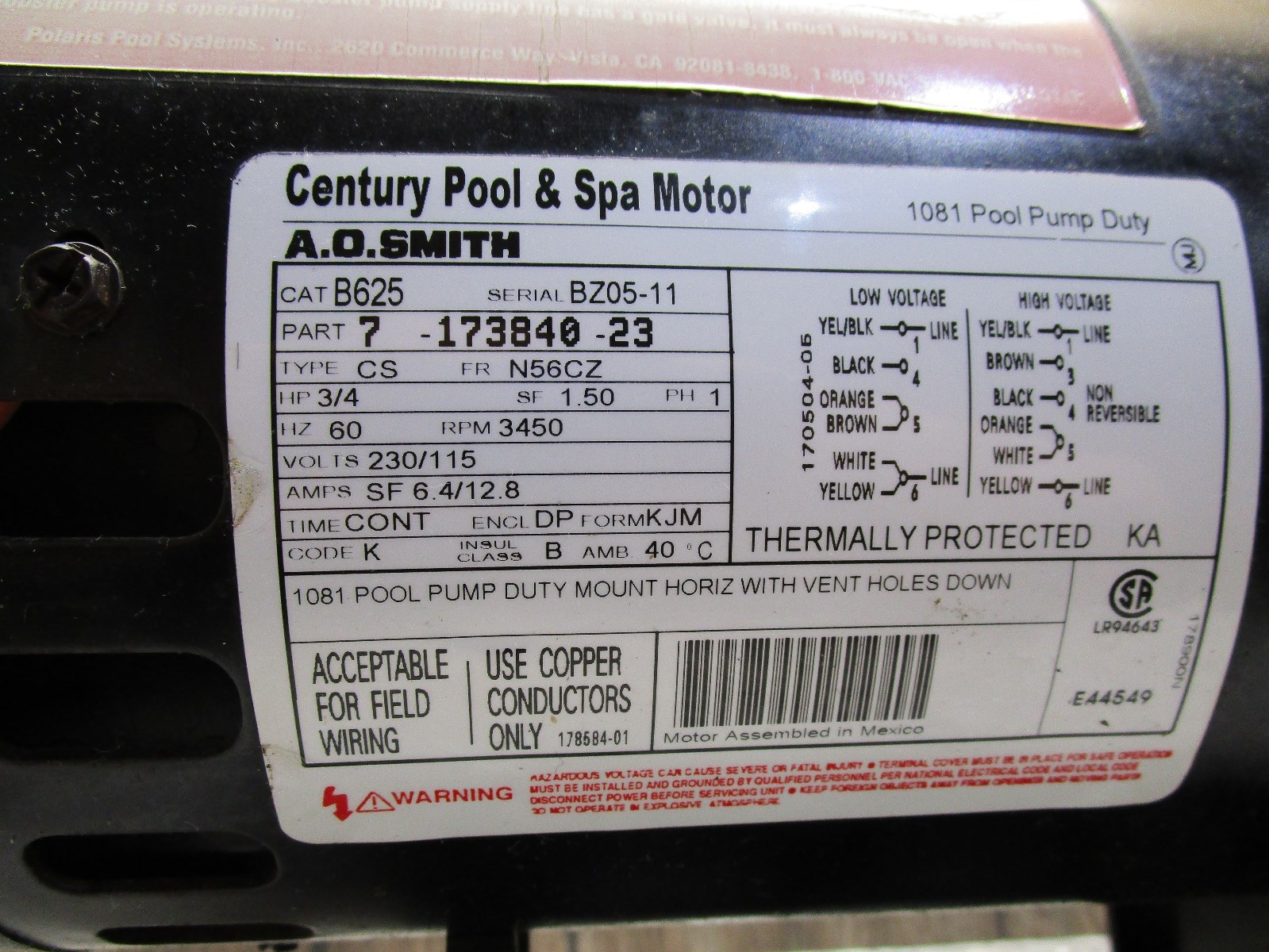 115/230 VOLT, 3/4 HP, 1 SPEED Polaris booster pump motor