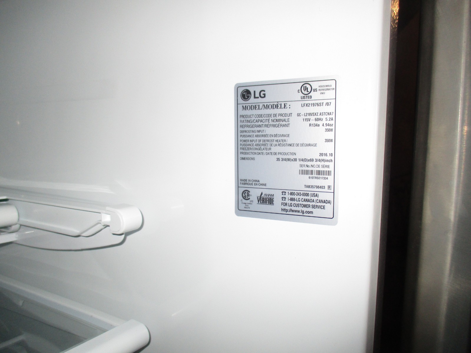 LG MODEL LFX21976ST French Door Counter-Depth Refrigerator 21 cubic ft stainless