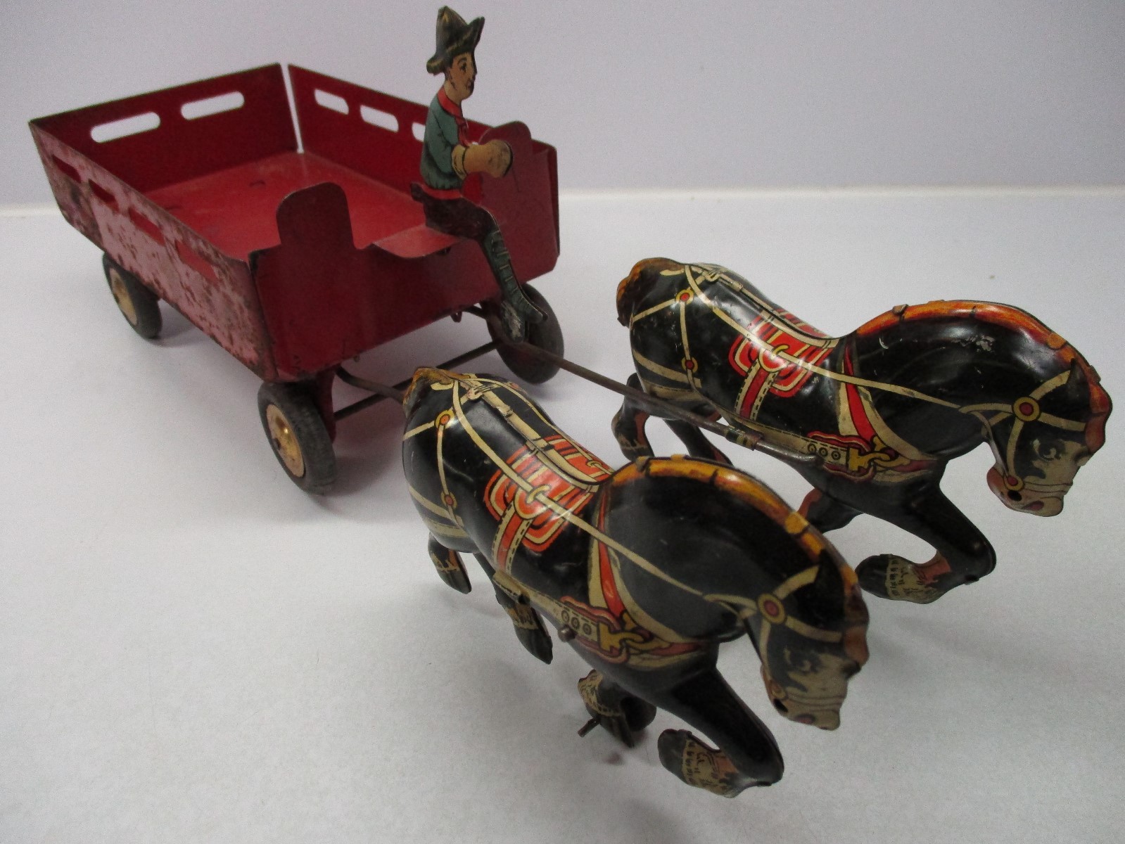 MARX TIN LITHO & PRESSED STEEL HORSE DRAWN FARM WAGON WITH DRIVER 14 INCHES LONG
