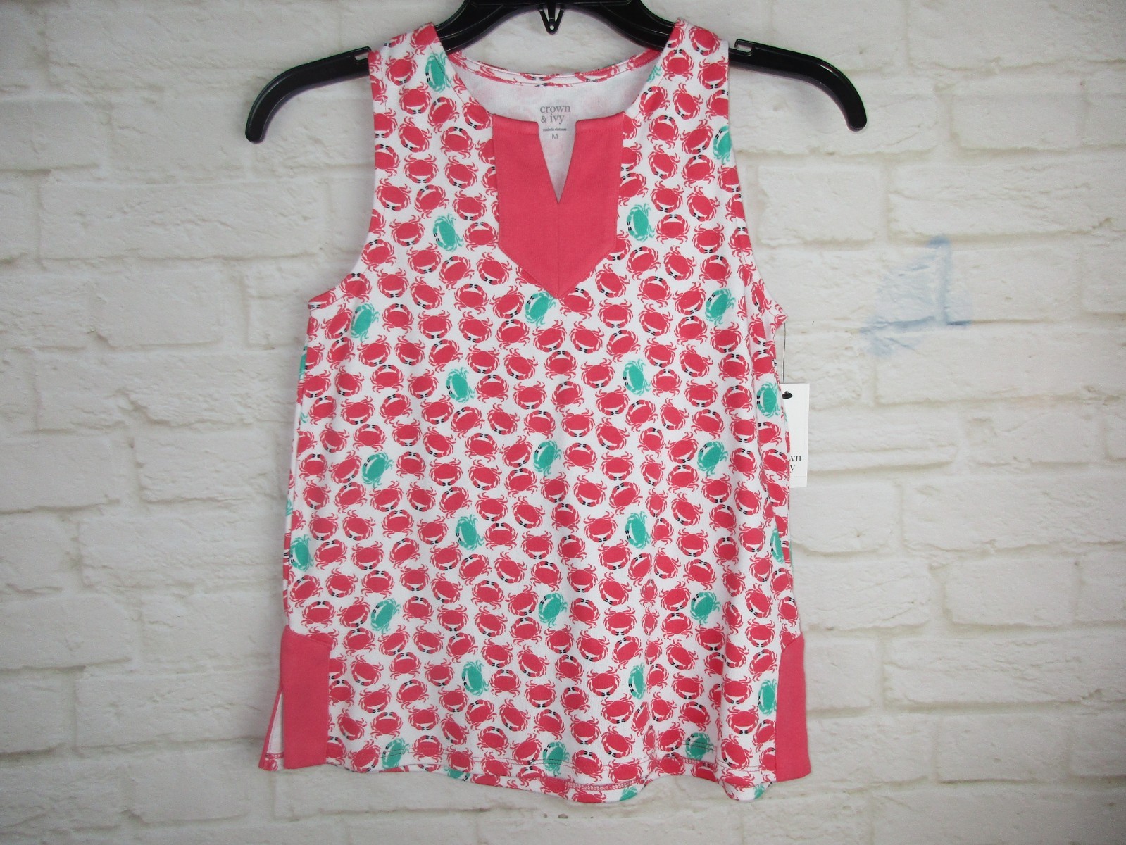 Crown & Ivy Girl's size M Coral Pink Crab Print Sleeveless A-Line Tank NEW $34