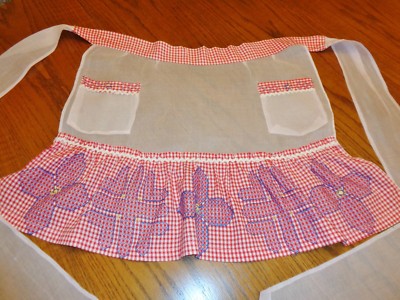 Hand Embroidered Vintage Kitchen Apron Pink Red White Ruffle