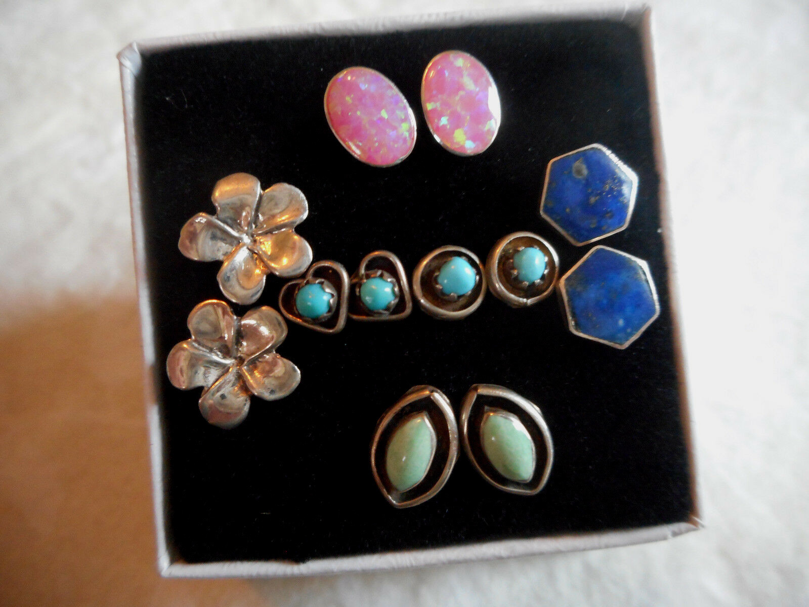 Vintage Sterling Silver Earrings - Six Pairs All Post Small Turquoise Lapis