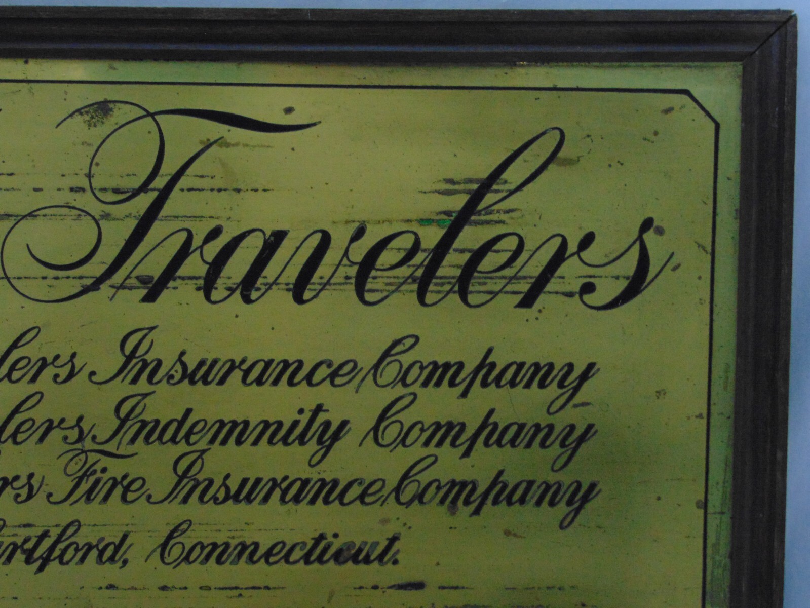 The Travelers Insurance Co. Hartford Conn VTG Original Brass Sign 26" X16" Frame