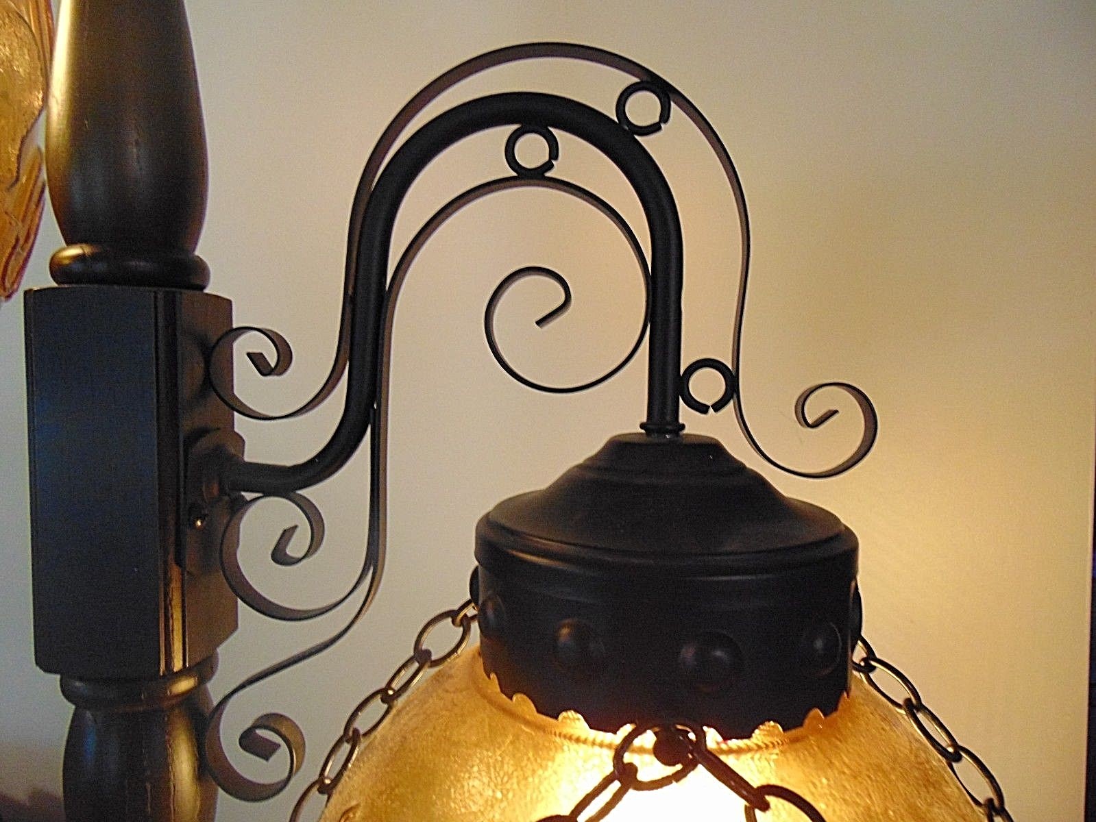 Mid Century Tension Pole Lamp Amber Glass Globes Wood spanish  Retro Light