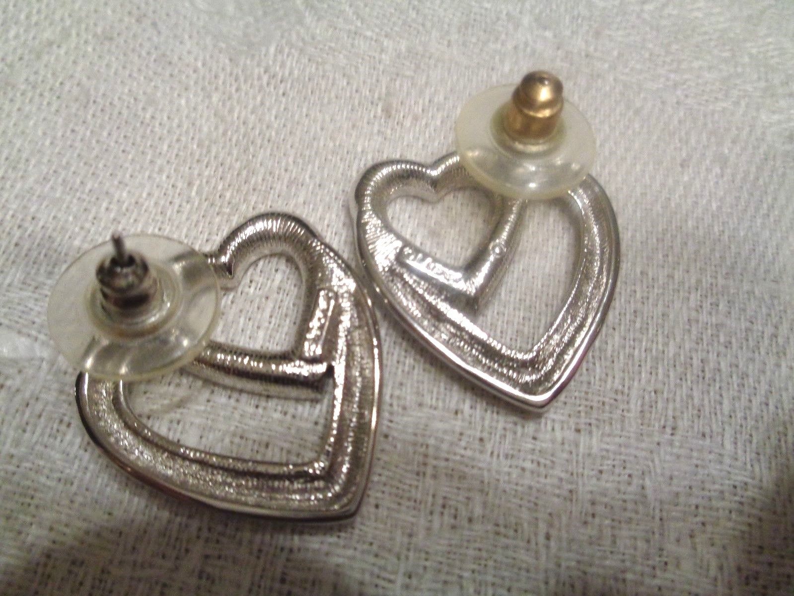 Vtg Open Double Heart Silver Plate Pierced Huggie Earrings Monet Rhinestones 1