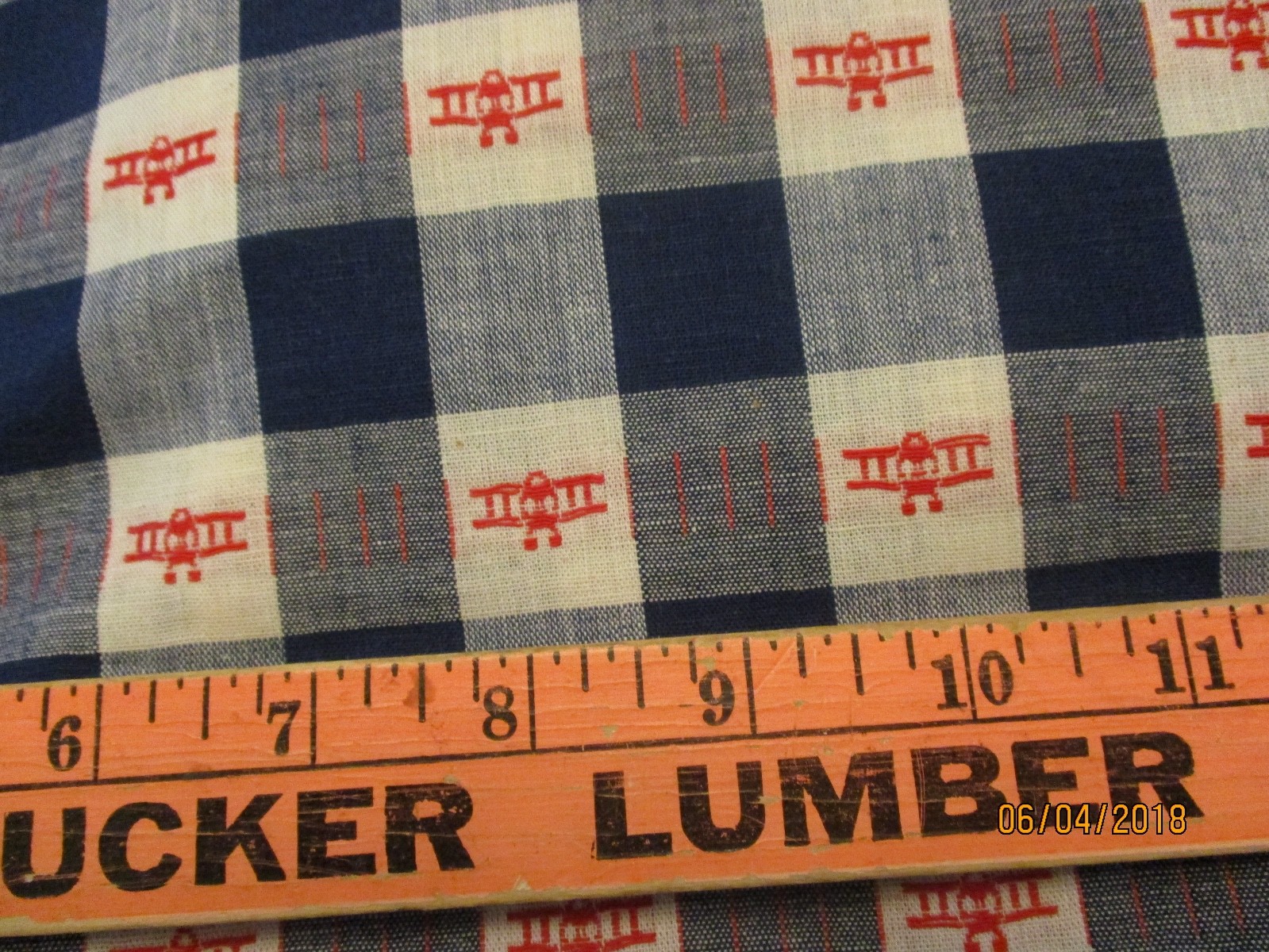 3 yds OLD FASHION WOVEN PLAID FABRIC BI PLANE patriotic red white blue vintage