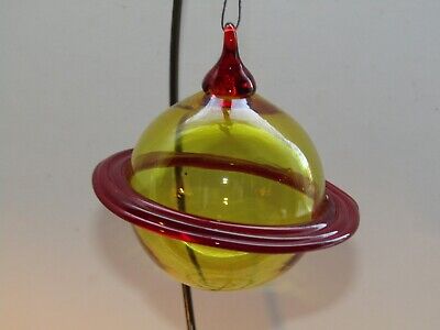 Vtg Ringed Yellow Planet hand blown art glass orb ornament